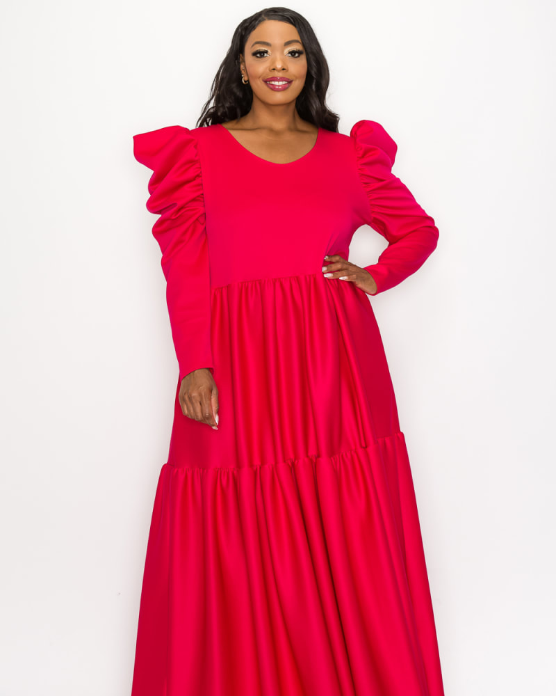 Front of a model wearing a size 14|16 Isabel Tiered Maxi Dress in Fuchsia by L I V D. | dia_product_style_image_id:267243